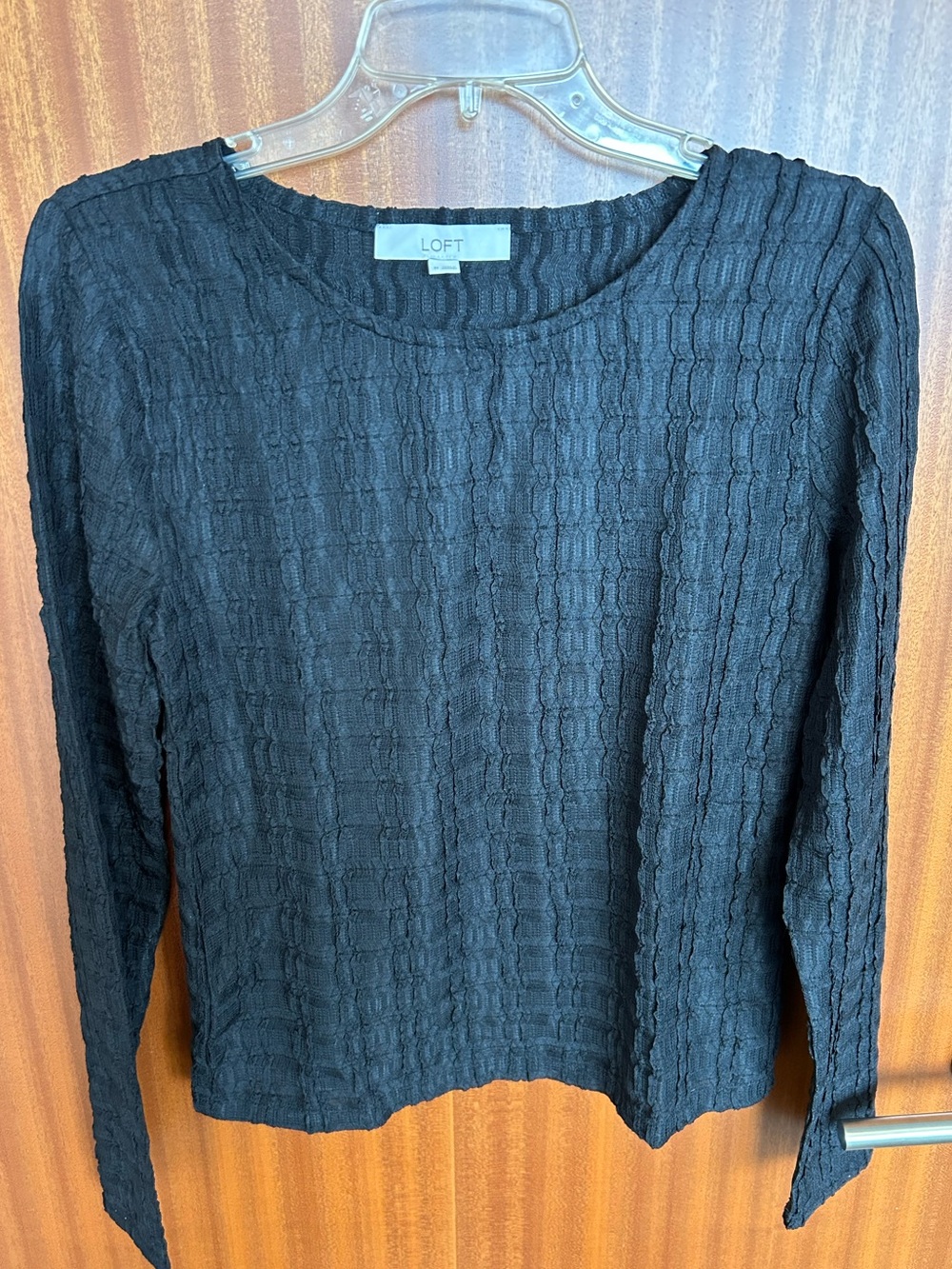 LOFT Black Textured Crewneck Long-Sleeve Top